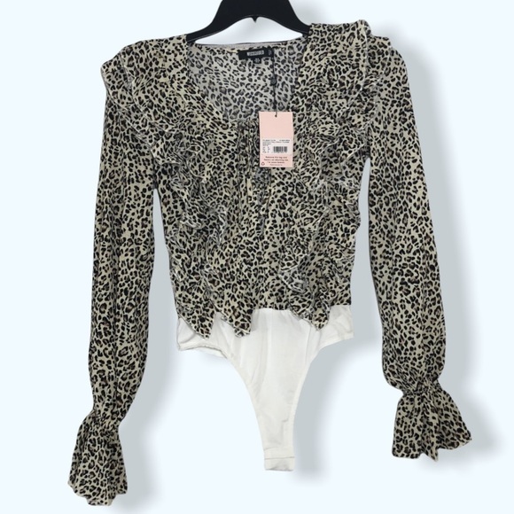Missguided Chiffon Plunge-Front Cheetah Print Bodysuit Sz 4 - Picture 1 of 7